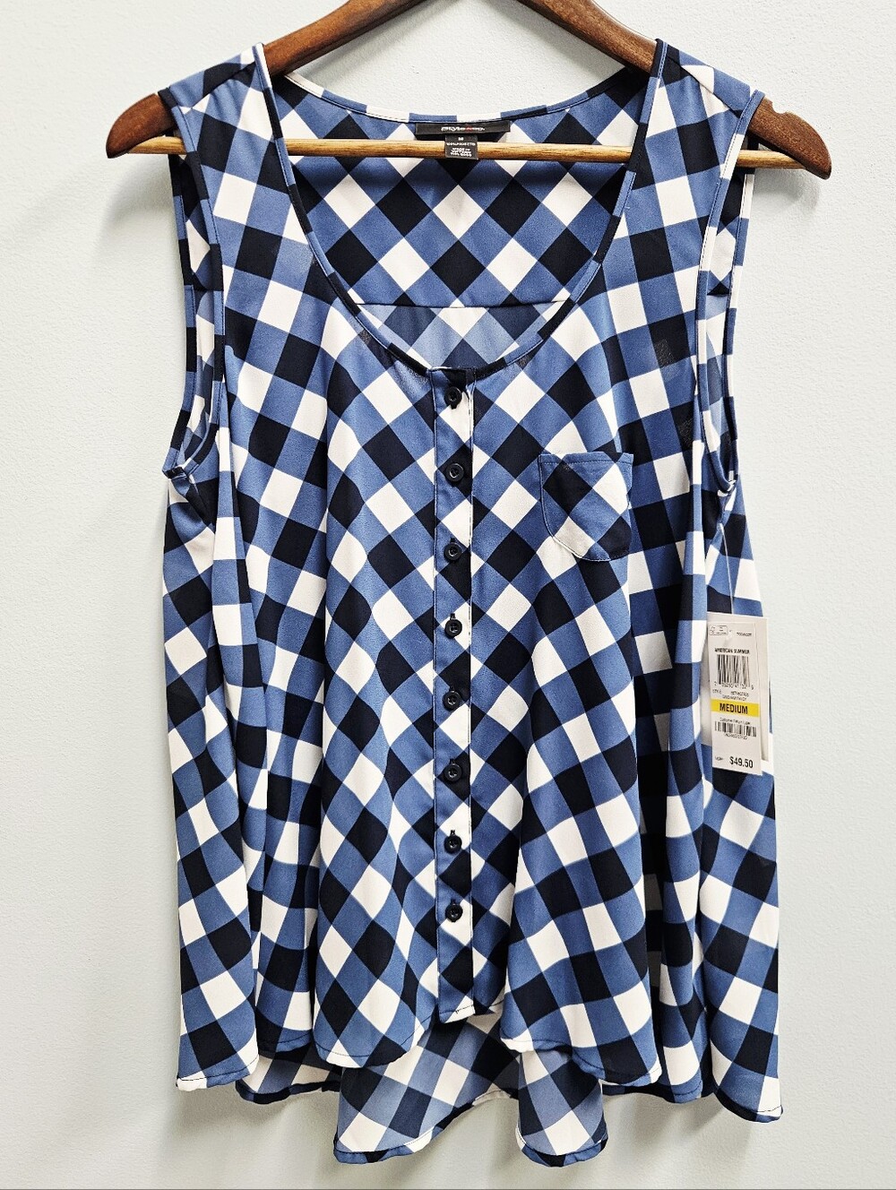 Blue And White Gingham Sleeveless High Low Swing Top By Style & Co. NWT